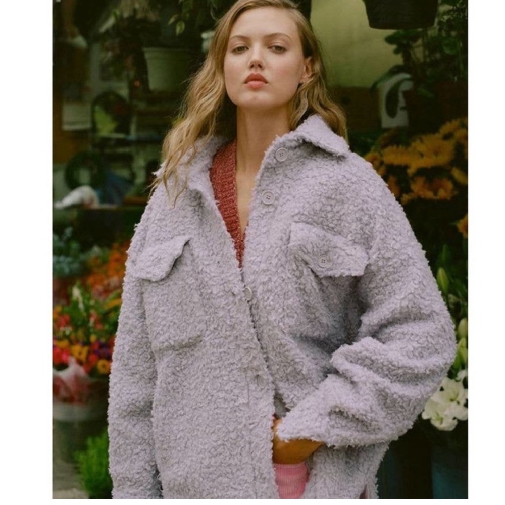 Urban Outfitters Palmer Sherpa Oversized Shirt Jacket Lilac S Shacket - Picture 1 of 6